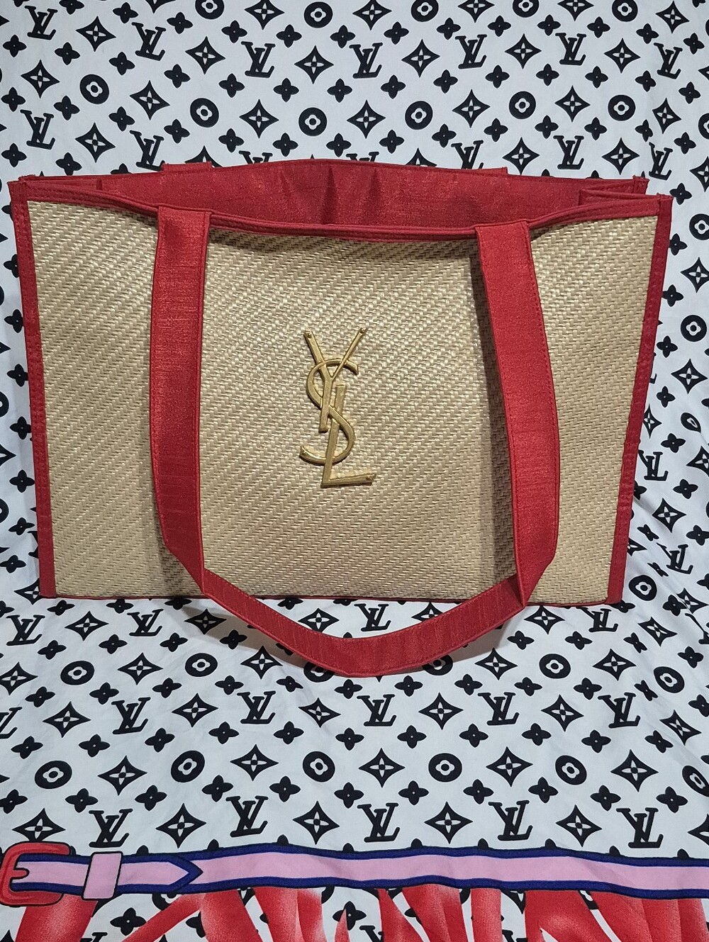 Yves Saint Laurent Natural Straw Tote with Red Trim and Gold Logo
